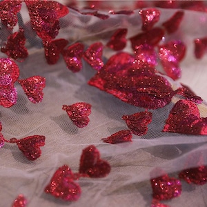 Red Heart Lace Fabric by yard  Skin Color Lace Tulle Shiny Lovely Overlay for Wedding Dress ,Prom Dress  55 inches Width