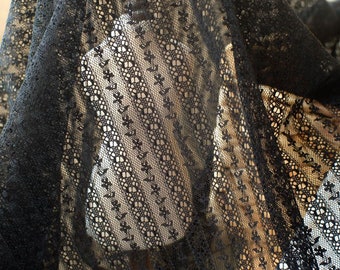 May include: Black lace fabric with a delicate floral pattern. The fabric is sheer and has a soft, flowing texture.