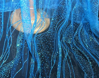 Blue Lace Fabric by yard Glittering Lace Mesh Ocean Wave Pattern Lace Overlay  Evening Dress Gauze 51 inches Width