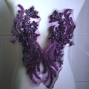 Deep Purple Rhinestone Applique 1 Pairs Crystal Patch Sparkling Dress Cloth Bling  Party Accessories