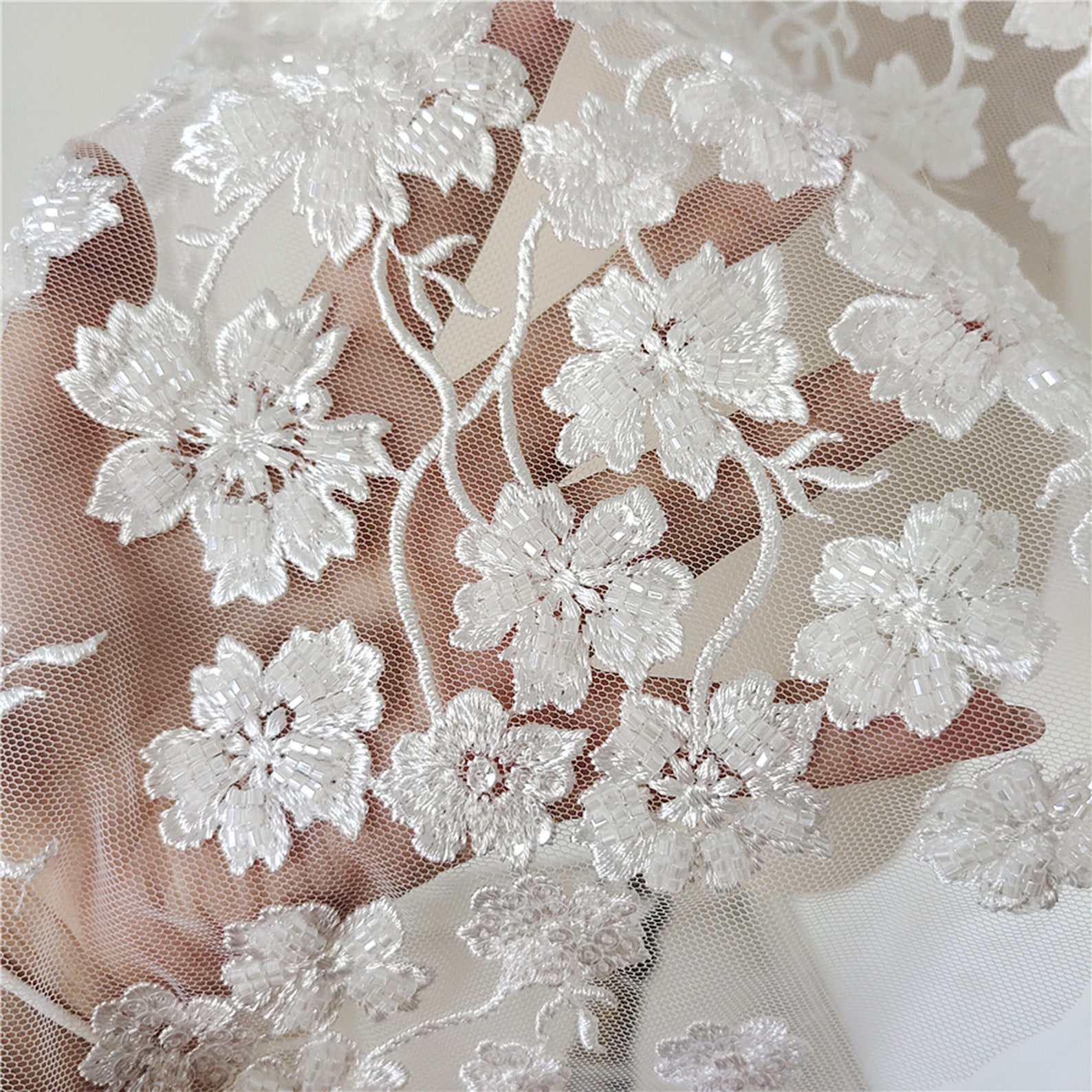 Romantic Beaded Flower Embroidery Lace Fabric By the Yard