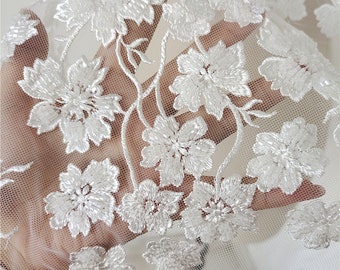 Beaded  Lace Fabric Embroidery Flower Lace Fabric Mesh for Wedding Dress, Bridal Gown