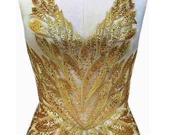 Gold Lace Applique Sequin Embroidery Applique Bling for Party Dress Costumes