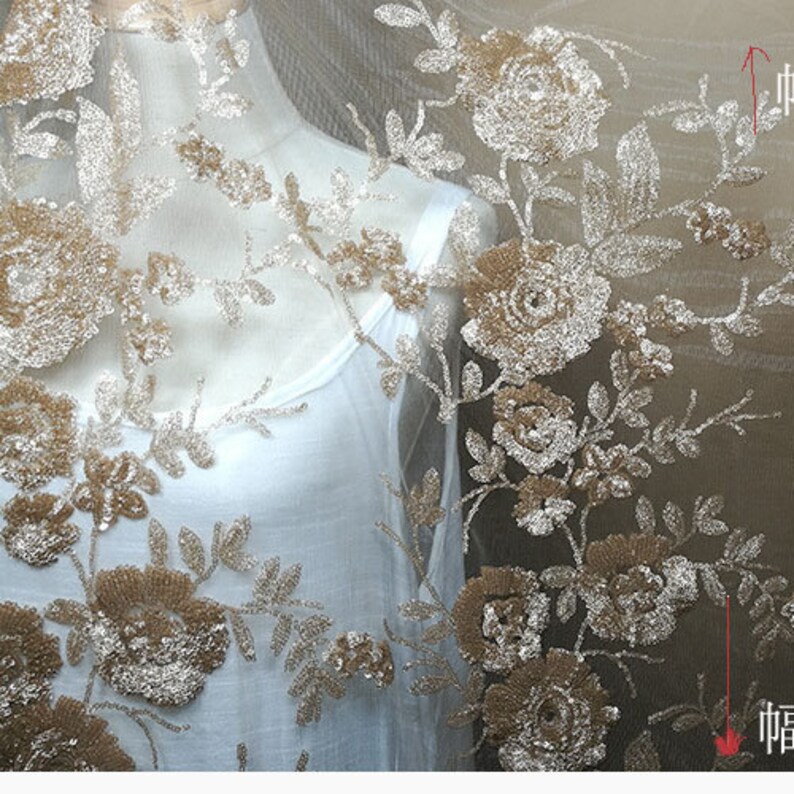 Bling Golden Sequins lace Mesh Blossom Flower Fall Lace Mesh Gauze for Wedding Gown Evening Dresses 51 inches Width Sold by yard