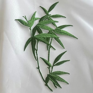 May include: Green embroidered bamboo plant patch. The patch features multiple stems with leaves in a dark green color.