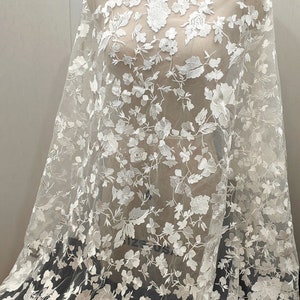 White Floral Lace Fabric by yard  Plain Embroidery Lace Mesh for Wedding Dress  53 inches Width