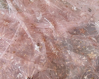 Starry Lace Fabric by  yard Sequins Star Moon Lace Tulle  Fabric for Party Costumes 51 inches Width