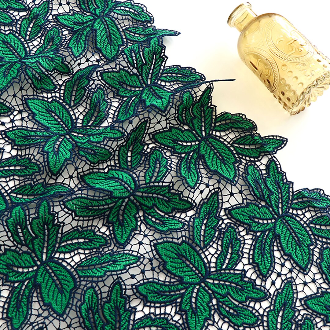 Green Leaves Lace Fabric by Yard Navy Blue Lace Net Embroidery Leaves