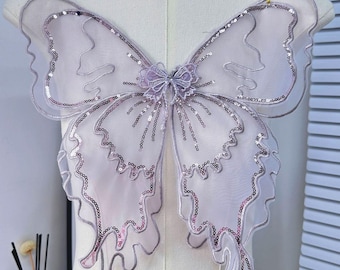 2pcs Beads Butterfly Applique Layered  Organza Butterfly Sewing Patch for Dress,Costumes