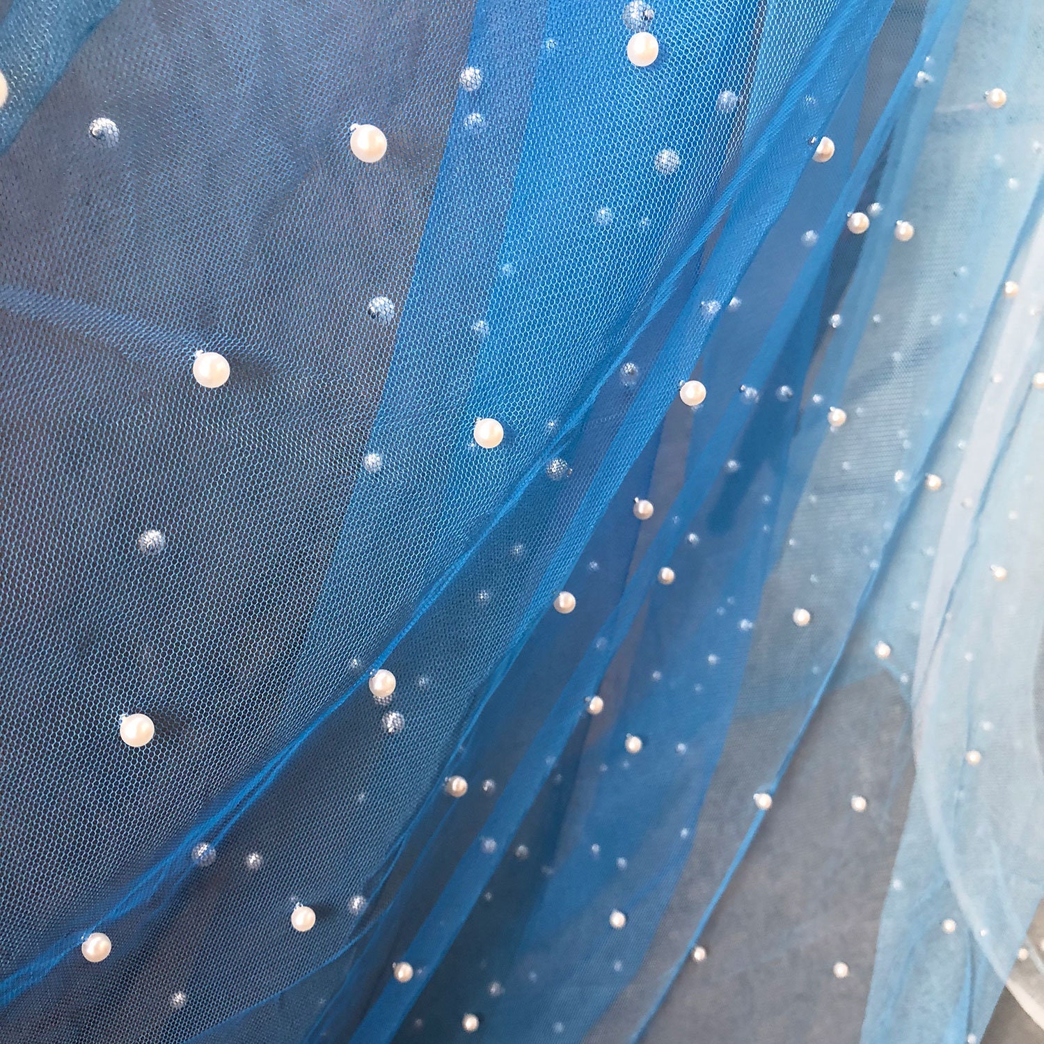 Pearl Lace by Yard Shade of Sapphire Blue Lace Fabric Beaded Lace Tulle