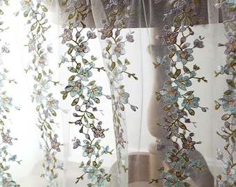 Tela de encaje floral azul cortada a medida Tela de malla de encaje de vid de flor bordada para vestido, artesanía 54 pulgadas de ancho