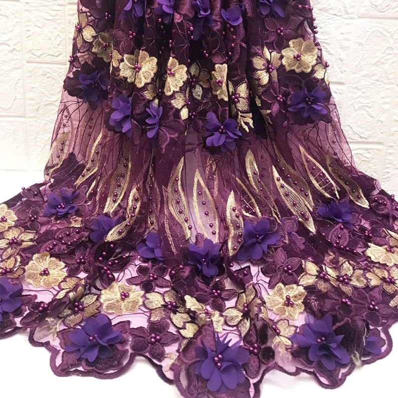 Beaded Blossom Lace Embroidery 3D Flower Lace Mesh Stunning Pearl Beads Fabrics for Prom Dresses 51 inches Width Sold by 5 yards