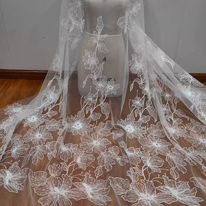 Beads Flower lace Fabric by yard  Raw White Lace Mesh Embroidery Gauze for Evening Ball Gown  51 inches Width
