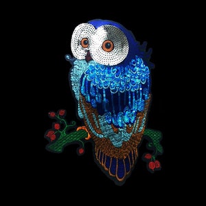 フクロウのアップリケ キラキラ光るスパンコール フクロウのパッチ ブルー刺繍 鳥のモチーフ ジャケット、シャツの装飾用