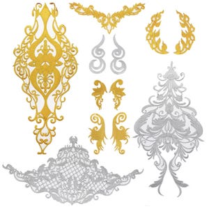 Parche termoadhesivo dorado y plateado con bordado antiguo para vestidos de fiesta, chaquetas y disfraces.