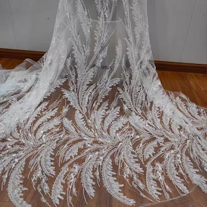 Beaded Leaf Lace by yard White Sequins Lace Fabric White Beads Lace for  Bridal Dress  51 inches Width
