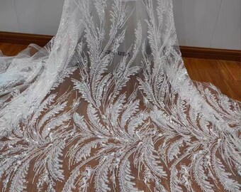 Beaded Leaf Lace by yard White Sequins Lace Fabric White Beads Lace for  Bridal Dress  51 inches Width