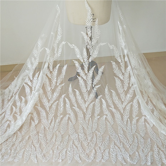 Leaves Lace Fabric by the yard Beaded Sequined Lace Overlay  for Wedding Dress,Bridal Gown  51 inches Width