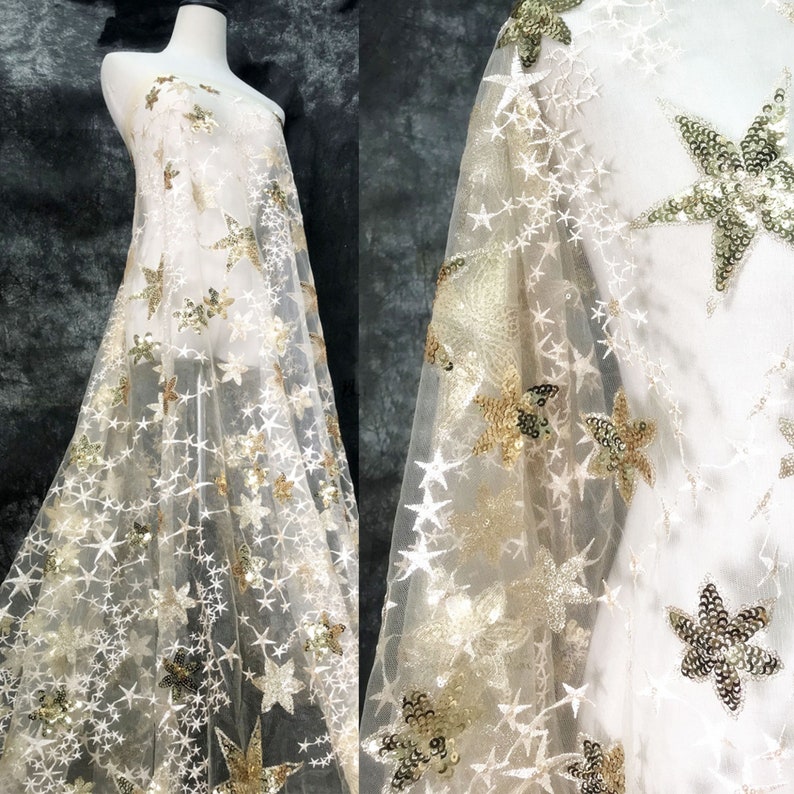 Star wedding lace fabric by the yard tulle embrodery lace fabric bridal gown lace fabric for party dress,Width 51 inches