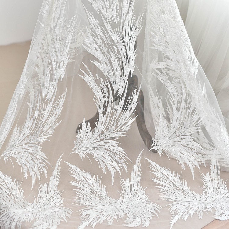 Sparkling Sequined Leaf Designer Lace Fabric By The Yard