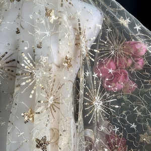 Starry Lace Fabric by  yard Sequins Star Moon Lace Tulle  Fabric for Party Costumes 51 inches Width