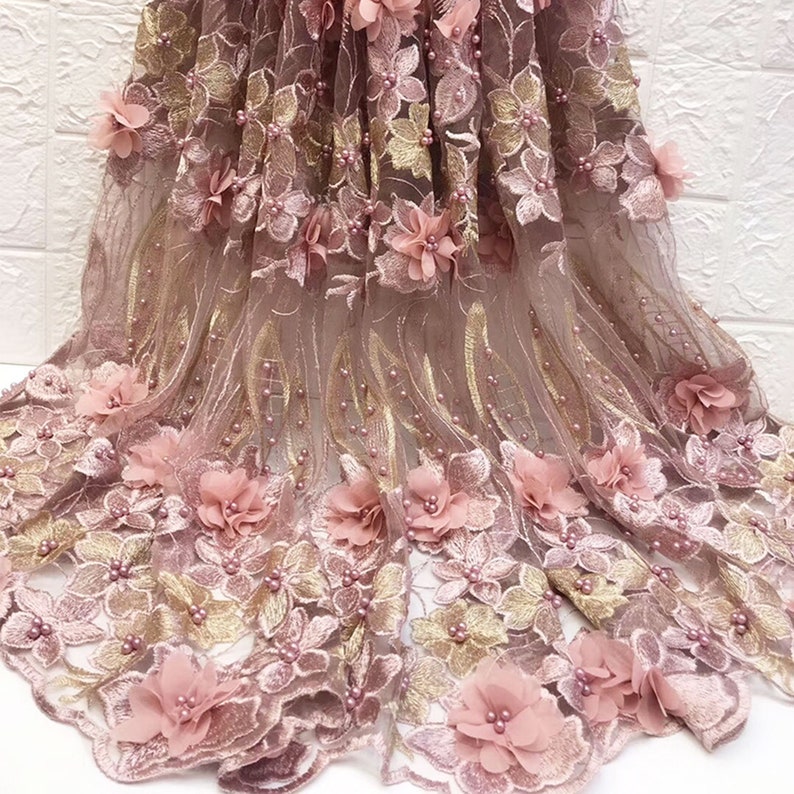 Beaded Blossom Lace Embroidery 3D Flower Lace Mesh Stunning Pearl Beads Fabrics for Prom Dresses 51 inches Width Sold by 5 yards