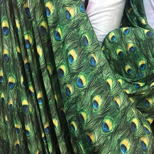 Green Tail Pattern Stretchy Fabric by yard 4 way stretch  Fabric  Peacock Feather Shape Overlay for Apparel ,Dress  59 inches Width