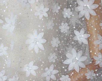 Beads Flower Lace Fabric by yard 3D Flower  Sequined Lace Mesh Fabric for Party Dress Prom Dress
