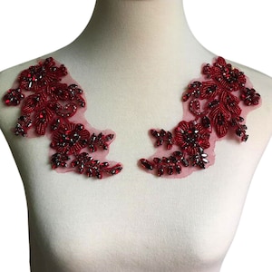 Burgundy Applique Pairs Beads Embroidery Flower Patch Sparkling Accessories for Wine Red Dress Costumes