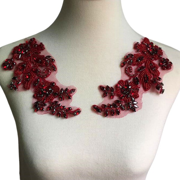 Bourgogne Applique Paires Perles Broderie Patch de fleurs Mousseux Accessoires pour Vin Rouge Robe Costumes