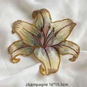 Pode incluir: Um emblema de flor de lírio na cor champanhe com bordado intrincado e bordas de lantejoulas douradas. O design floral exibe tons de amarelo pálido, verde suave e detalhes em fios castanhos. As dimensões indicadas são 16 por 15,5 cm.
