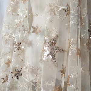 Tela Sparkling Star Lace cortada a medida Shiny Sequin Star Lace Fabric Overlay para trajes Danc3e 51 pulgadas de ancho