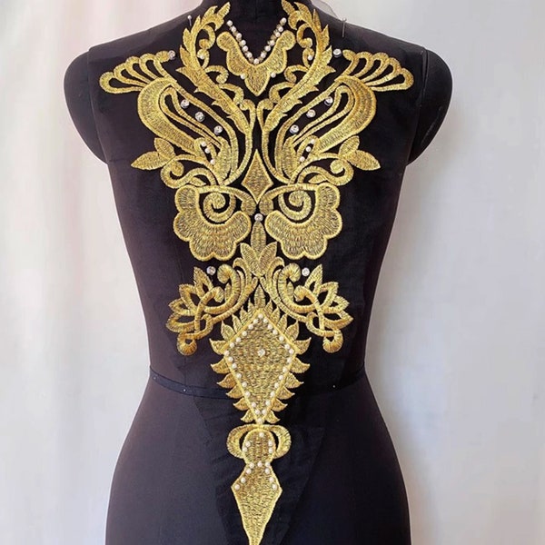 Gold Lace Applique Beads Crystal Neckline Trim Antique  Collar for Party Dress Costumes