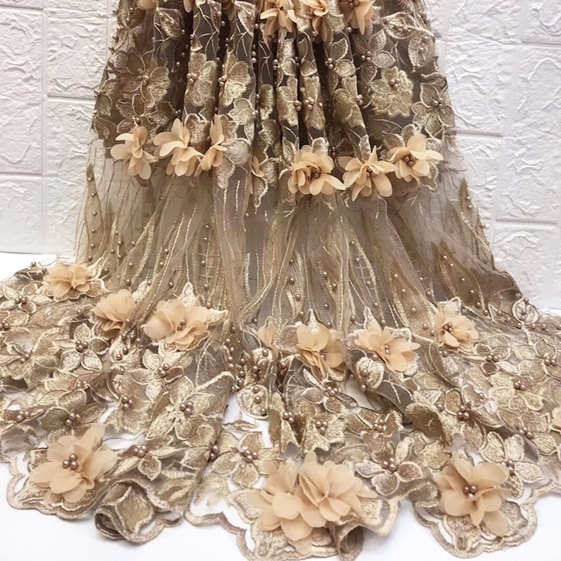 Beaded Blossom Lace Embroidery 3D Flower Lace Mesh Stunning Pearl Beads Fabrics for Prom Dresses 51 inches Width Sold by 5 yards