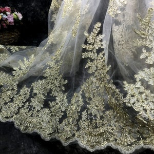 Gold Floral Lace fabric by yard Corded Embroidery Golden Lace Net Fabric for Wedding Dress Party Dress 51 inches Width