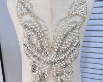 2pcs Rhinestone Beads Butterfly  V Neck Lace Patch for Dress,Costumes