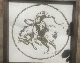 Saddle Bronc Rider Engraved Real Cowhide Western Rustic Farmhouse Rodeo Wall Decor Gift