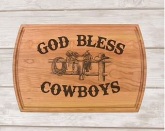 God Bless Cowboys Western Laser Engraved Maple Cherry Cutting Charcuterie Board Rustic Farmhouse Serving Tray