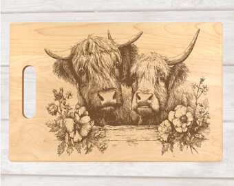 Highland Cows with Flowers Laser Engraved Solid Maple Charcuterie & Cutting Board | Farmhouse Kitchen Gift