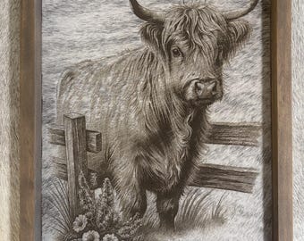 Highland Cow Engraved on real Cowhide Rustic Farmhouse Home Decor