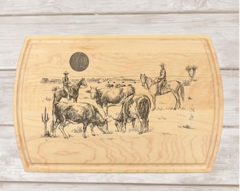 Cowboys and Cattle Laser Engraved Maple or Cherry Cutting Board | Rustic Charcuterie Serving Board Gift