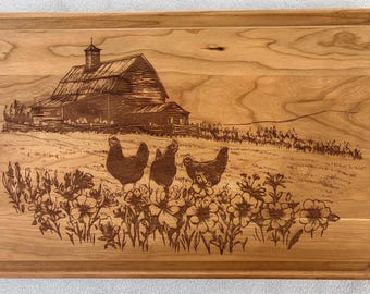 Chickens and Flowers Charcuterie Board Laser Engraved Farmhouse Rustic Kitchen Cutting Serving Decor Gift