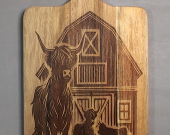Highland Cow Farm Charcuterie Cutting Board Rustic Farmhouse Kitchen Decor Laser Engraved Wood Gift