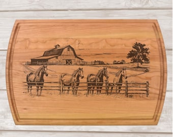Farmhouse and Horses Laser Engraved Maple Cherry Cutting Board | Rustic Charcuterie Serving Tray