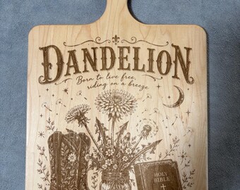 Dandelion and Boots Cutting Board: Laser Engraved Farmhouse Kitchen Decor