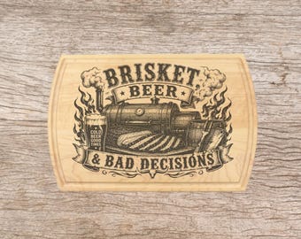 Brisket BBQ Laser Engraved Maple or Cherry Cutting Board | Rustic Charcuterie Serving Board Gift Fathers Day Birthday Dad