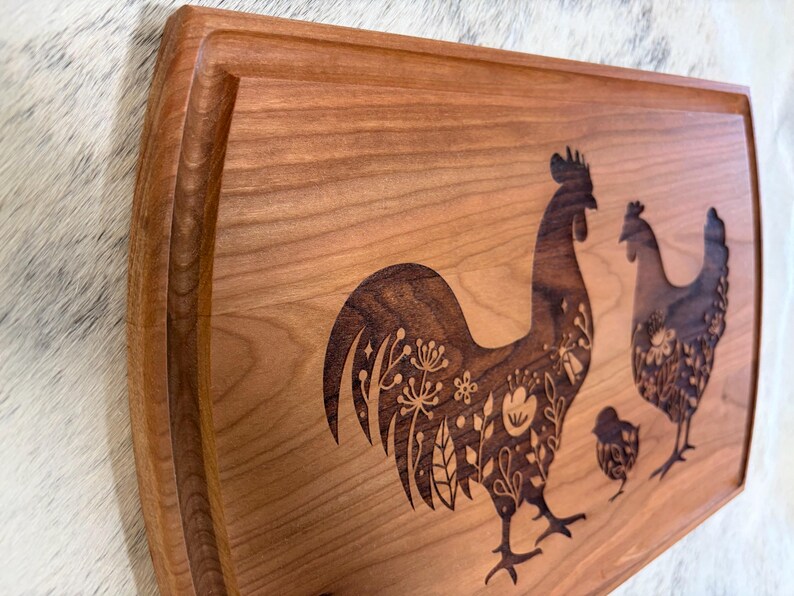 Rooster Inlay Floral Three Chicken Laser Engraved Cherry Wood Cutting Board | Rustic ...