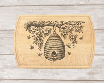 Honeycomb and Honey Bee Laser Engraved Maple or Cherry Cutting Board | Rustic Charcuterie Serving Board Gift