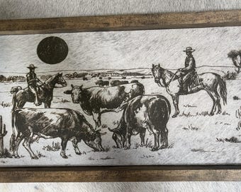 Cowboys and Cows Engraved Cowhide Rustic Farmhouse Western Wall Decor Sign