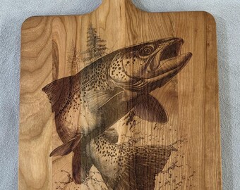 Trout Fisherman Decor Cutting Board Cherry Solid Wood - Cabin Decor Home Decor Kitchen Housewarming Gift Style Chopping Block